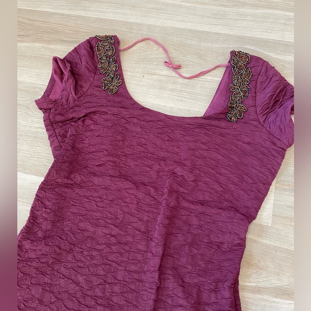 FREE PEOPLE Maroon Low Back Tight Dress with Beaded Embellishments. - Picture 5 of 13